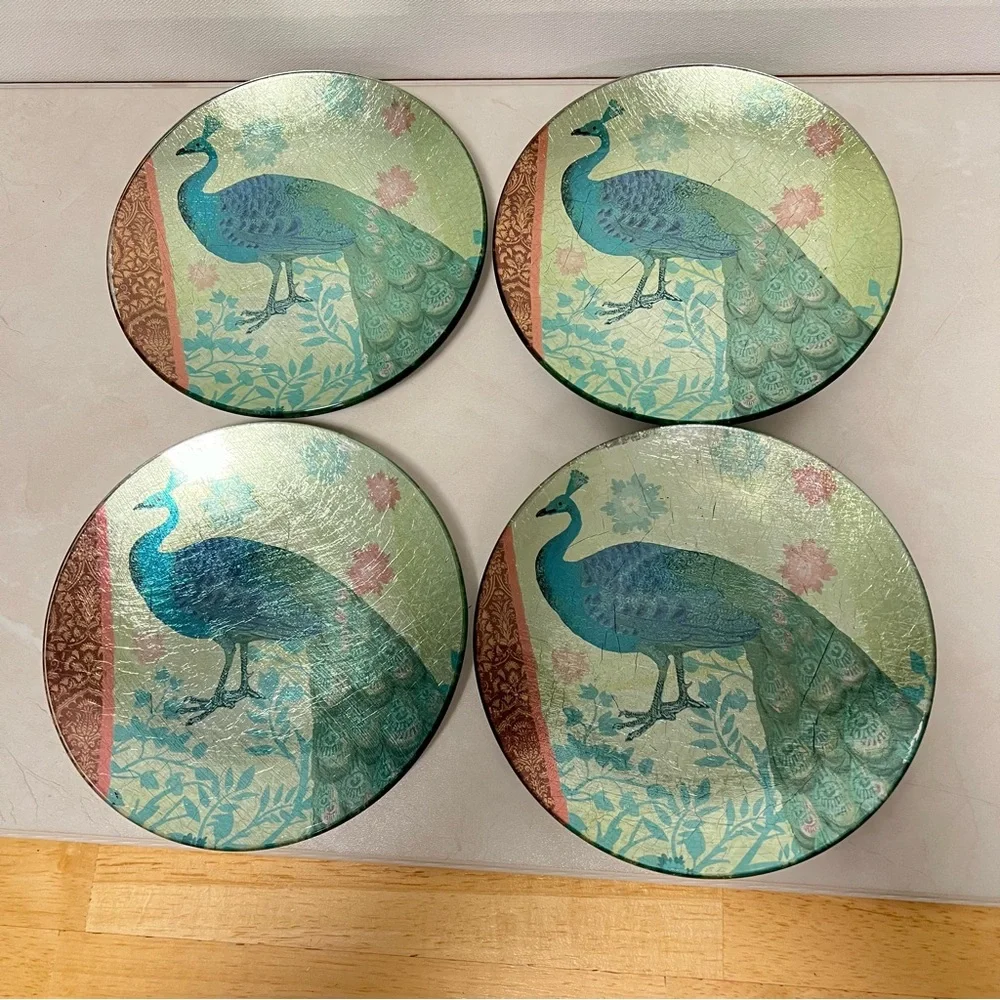 Pier 1 Imports Foiled Back 6” Peacock Appetizer Dessert Plates set of 4